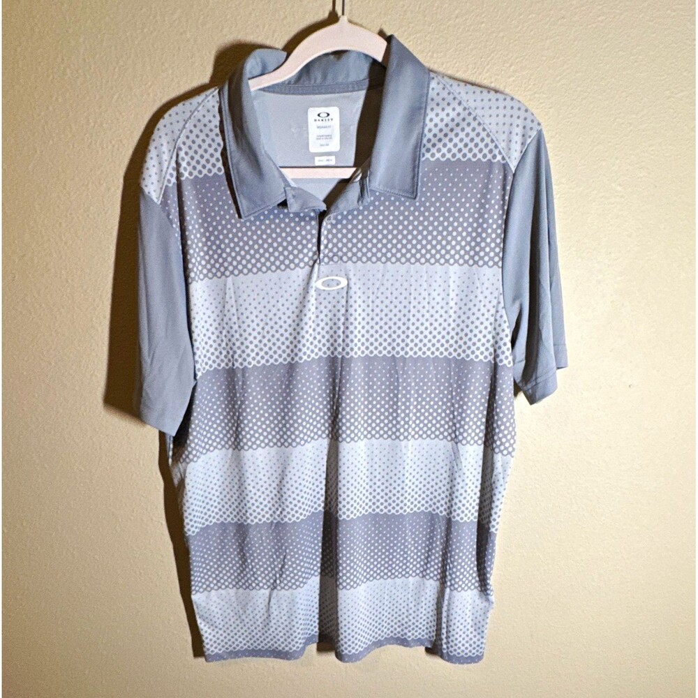 Oakley Men’s Polo Shirt Size XL Gray Striped Short Sleeve Logo Button